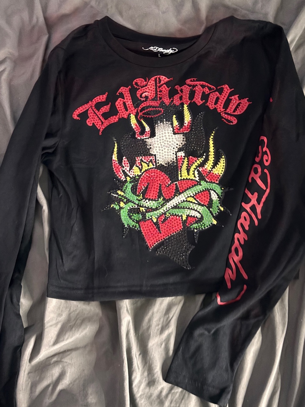 Ed Hardy Black Long Sleeve Kids Graphic Tee with Red, Green & Yellow Accents